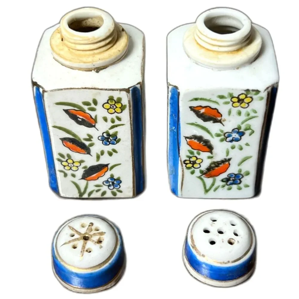 Vintage Hand-Painted Japan Salt & Pepper Shakers Floral Ceramic Blue Trim 1950s
